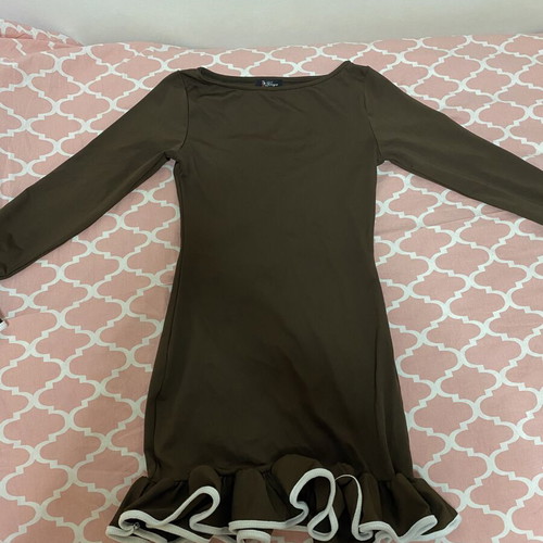A-Style fitted dress with ruffle, brown, size S