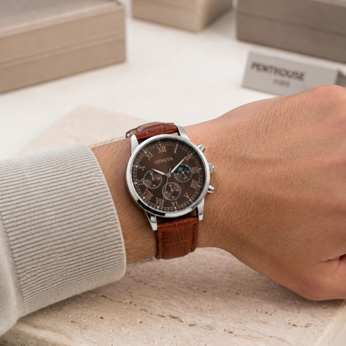 Geneva men's watch classic chronograph style with brown leather strap new