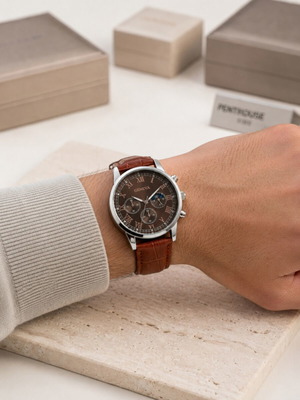 Geneva men's watch classic chronograph style with brown leather strap new
