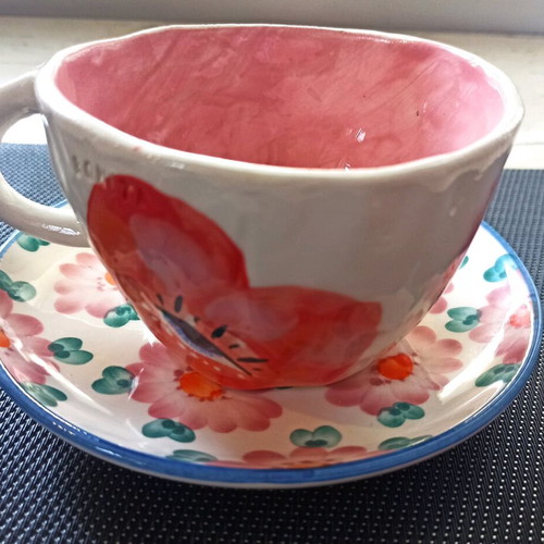 Handmade ceramic mug set Lunatique with hearts and Rice saucer