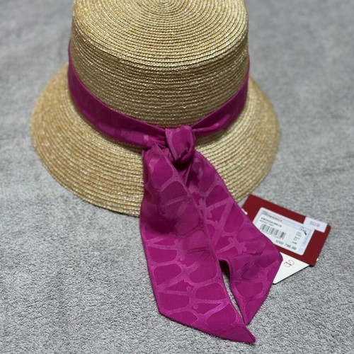 Valentino Garavani Straw Bucket Hat VLogo Silk Ribbon Size 57 New