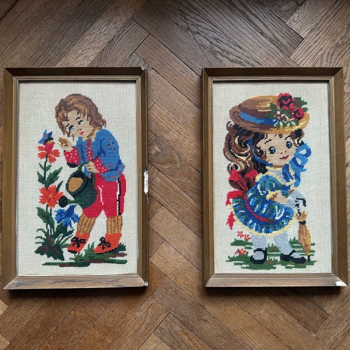Frames with handmade gobelin embroidery used, set of 2, retro