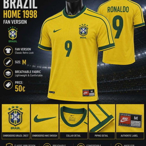 Brazil Home 1998 Ronaldo No.9 Jersey Size M New Official Replica