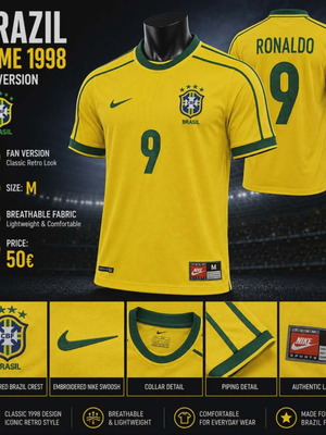 Brazil Home 1998 Ronaldo No.9 Jersey Size M New Official Replica