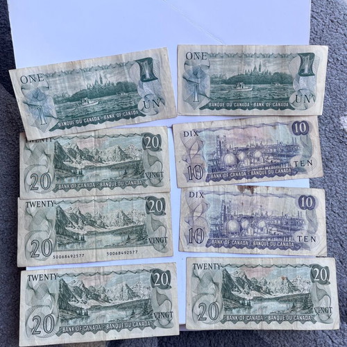 Canada banknotes used, 4x20, 2x10, 2x1, 1973 and 1969