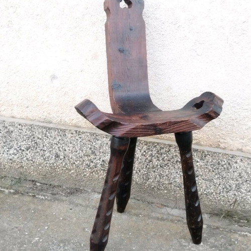 Spanish brutalist hand-carved oak chair used
