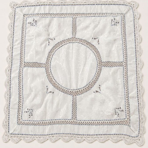 Vintage embroidered tablecloth 80x80 cm satin texture with lace and blue flowers