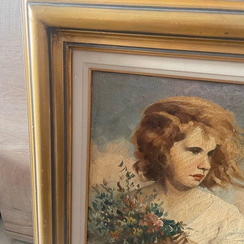 Canvas painting girl with flowers used, very old