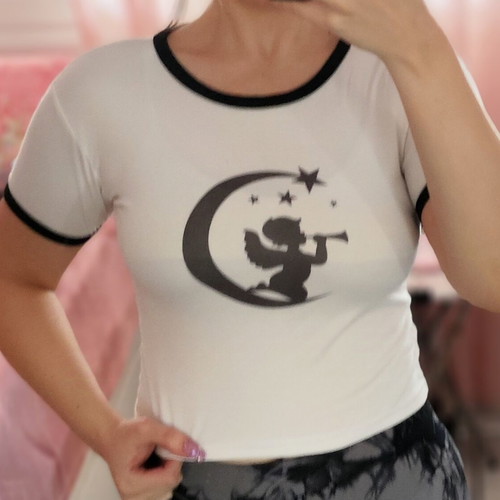 Crop top used with angel and moon print, white