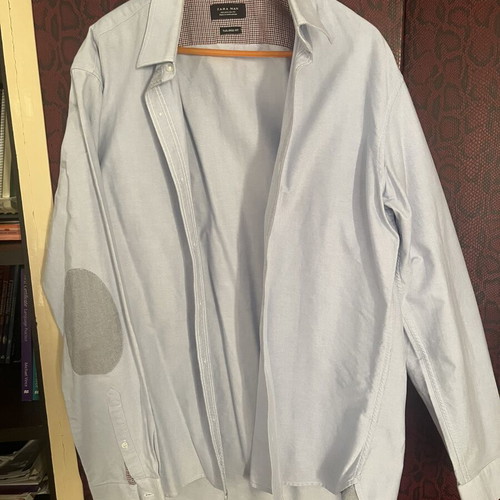 Zara man blue shirt with grey elbow patches, size L