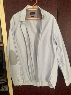 Zara man blue shirt with grey elbow patches, size L