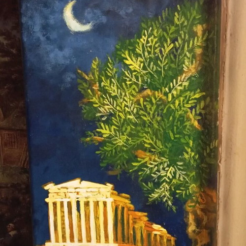 Ancient Greek temple painting on canvas like new 35x15 cm