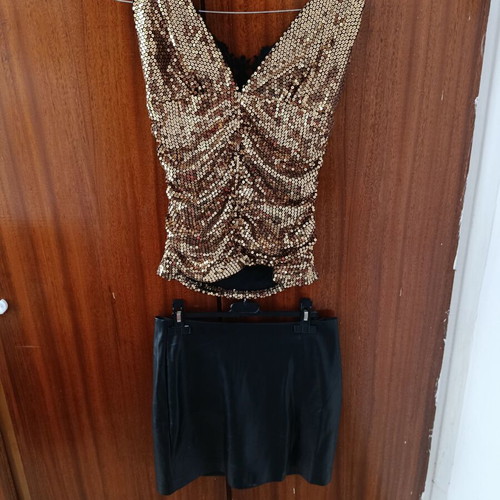 Gold sequin crop top and black mini skirt set like new