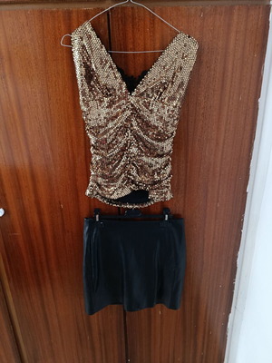 Gold sequin crop top and black mini skirt set like new