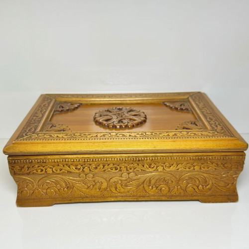 Wooden carved storage box used, handmade with fabric lining