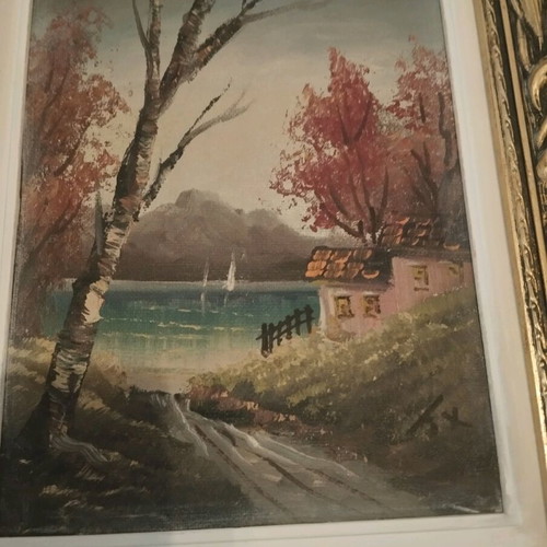 Signed landscape painting with antique double frame, like new