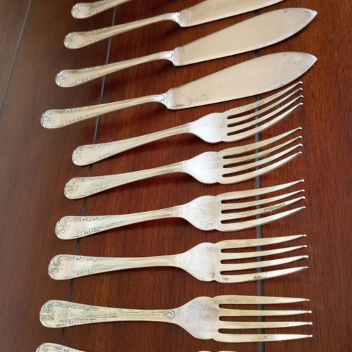 Vintage silver-plated fish cutlery set used Art deco 1930-1940