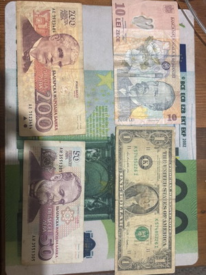 Paper money used from Romania, Bulgaria, and America