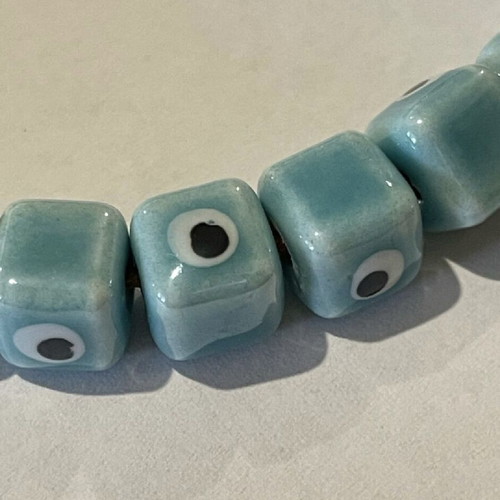 Enamelled ceramic cube-shaped evil eye beads, new, turquoise