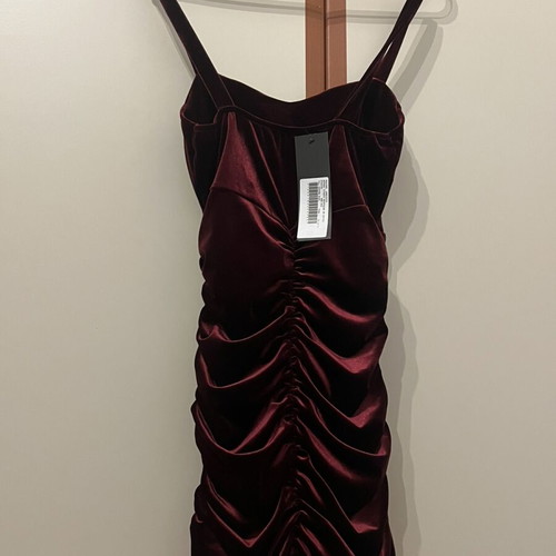 Mini velvet dress with ruching in deep burgundy, brand new