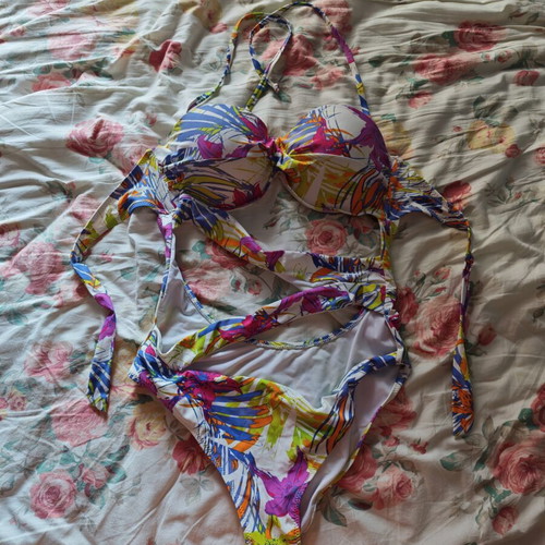 One-piece white swimsuit with floral design like new, size L