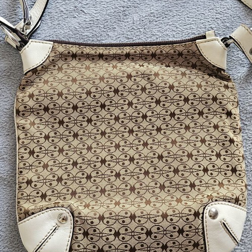 Coccinelle crossbody bag used, fabric and leather, beige and brown