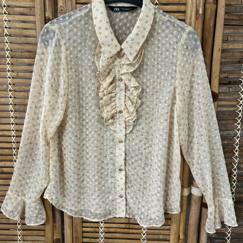 Zara Sheer Polka Dot Ruffle Blouse, cream, size XS