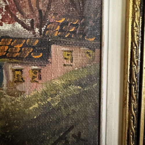 Signed landscape painting with antique double frame, like new