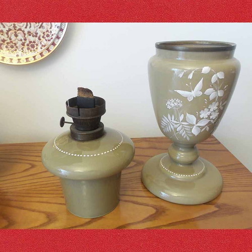 Oil lamp opaline with hand painting, used, 33 cm height