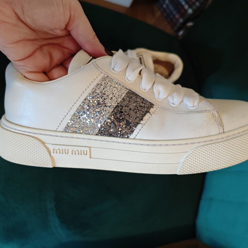 Miu Miu Glitter Stripe Leather Sneakers like new, size 36, white