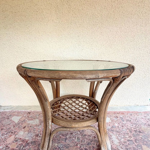 Vintage Bamboo Table with Glass Refurbished