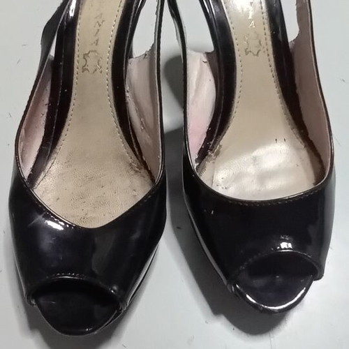 Peep-toe slingback women's shoes black patent leather used