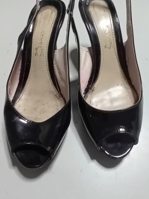 Peep-toe slingback women's shoes black patent leather used