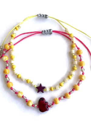 Anklet set with yellow, white, red beads, star and hematite elephant, new