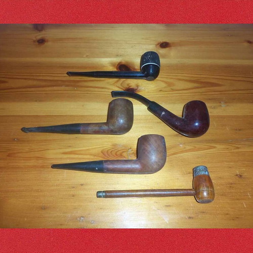 Smoking pipes used, pack of 5 with 4 different designs, 15 cm length