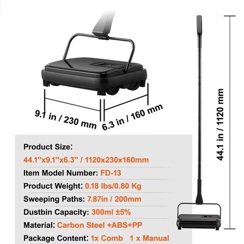 Vevor Manual Carpet Sweeper like new, 300 ml dustbin capacity