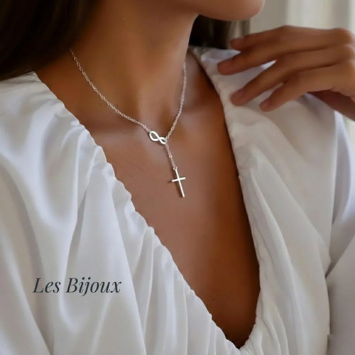 Necklace from Stainless Steel with Infinity and Cross Silver Tone