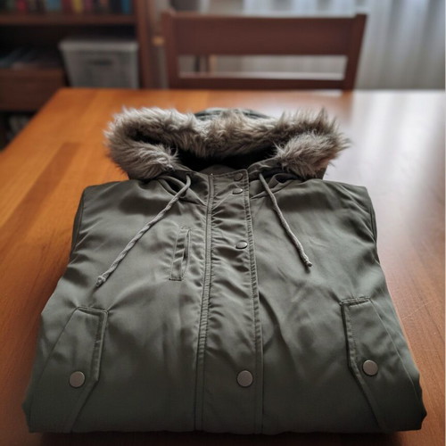 Pink Woman jacket used, khaki with orange lining and removable fur hood