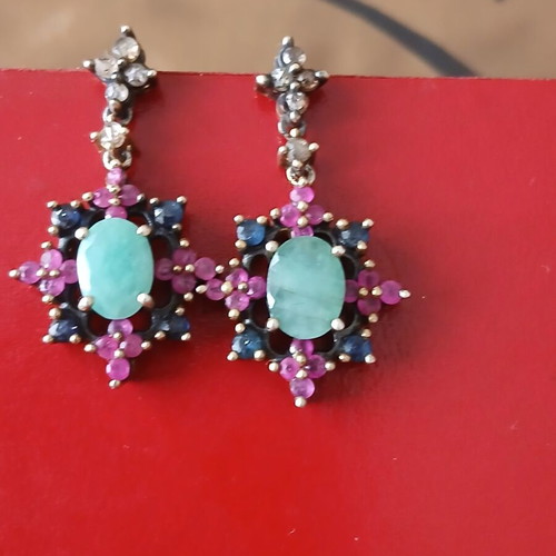 Earrings with rubies, sapphires, emeralds and diamonds vintage cut, 9k gold and 925 silver like new