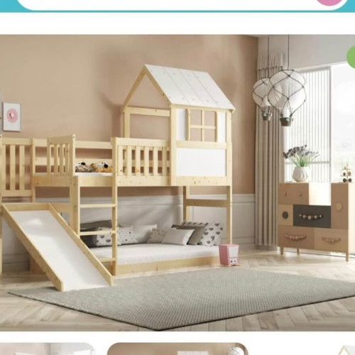 Elevated playhouse bed with slide and foam mattress
