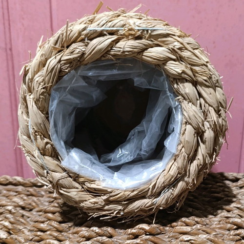 Natural woven planter with wooden base and protective lining, new
