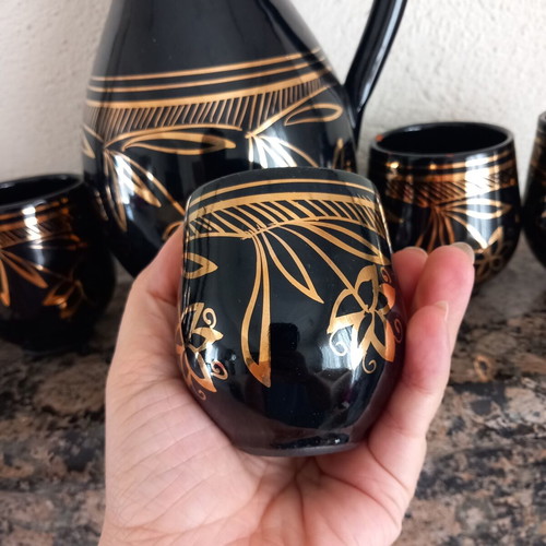Vintage ceramic serving set with carafe and 6 glasses 70s-80s used