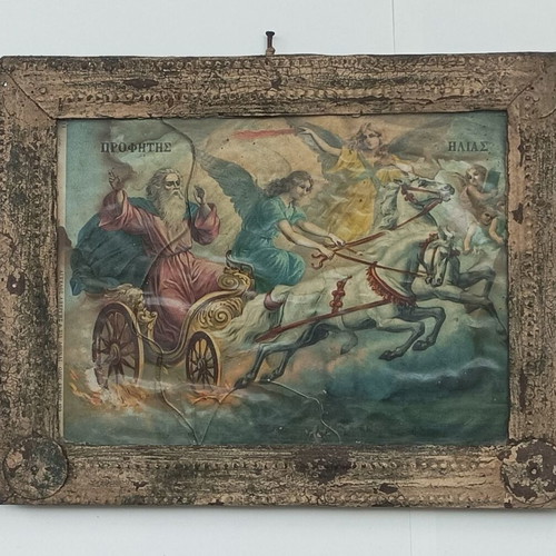 Prophet Elias antique lithograph religious image on wood used with metal frame