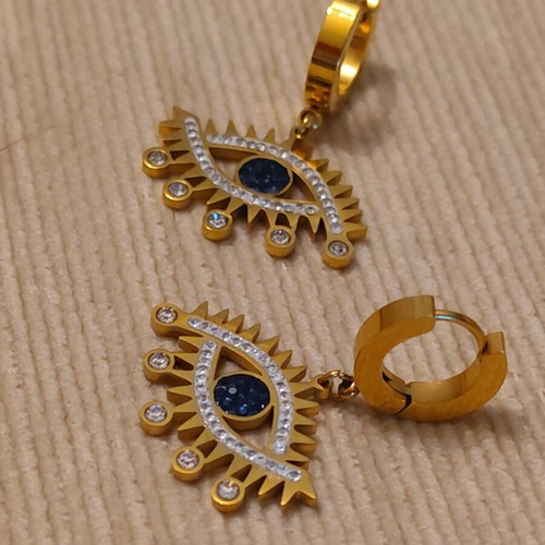 Stainless Steel Eye Earrings with Blue Iris and Zirconia, Boho Chic Glam