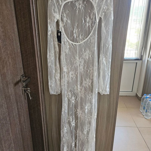 Kaftan dress onesize white lace with slit, new