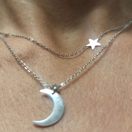 Steel necklace new with double chain and crescent moon detail