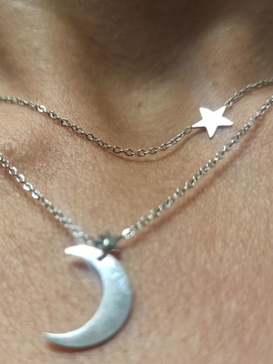 Steel necklace new with double chain and crescent moon detail