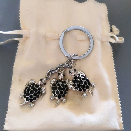 Metallic turtle keychain charm new with black enamel and crystals