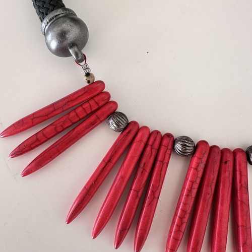 Statement Boho Necklace with Red Coral Style Elements and Black Cord like new