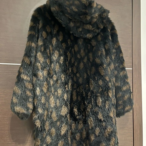 Eco fur coat with hood used, brown, oversized S-M